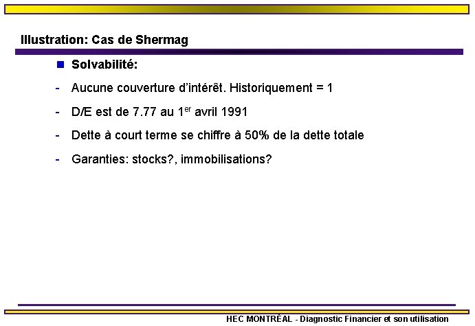 Illustration: Cas de Shermag n Solvabilité: - Aucune couverture d’intérêt. Historiquement = 1 -