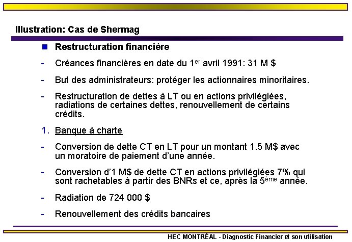 Illustration: Cas de Shermag n Restructuration financière - Créances financières en date du 1