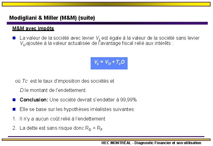 Modigliani & Miller (M&M) (suite) M&M avec impôts n La valeur de la société