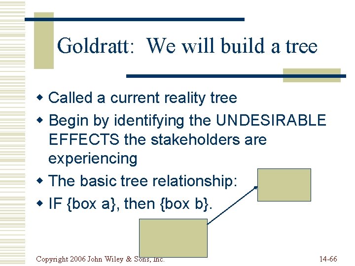 Goldratt: We will build a tree w Called a current reality tree w Begin