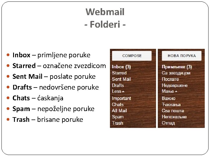 Webmail - Folderi Inbox – primljene poruke Starred – označene zvezdicom Sent Mail –