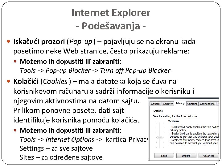 Internet Explorer - Podešavanja Iskačući prozori (Pop-up ) – pojavljuju se na ekranu kada