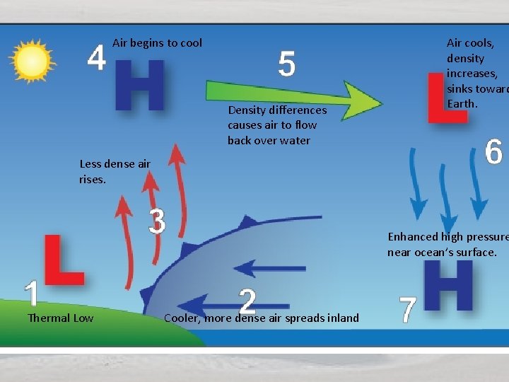 Air begins to cool Density differences causes air to flow back over water Air