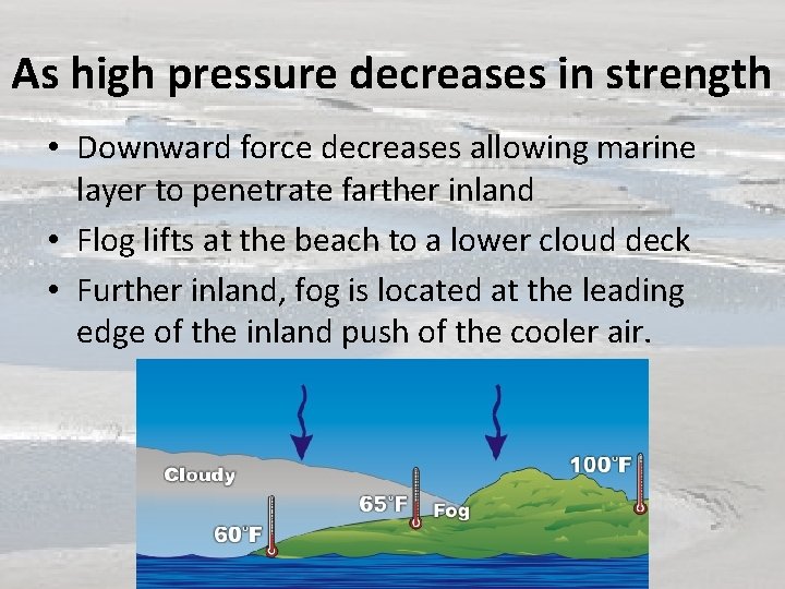As high pressure decreases in strength • Downward force decreases allowing marine layer to