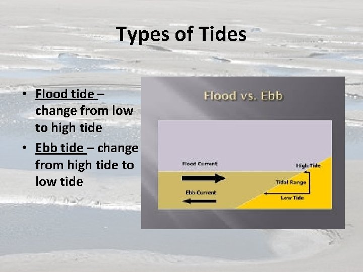 Types of Tides • Flood tide – change from low to high tide •