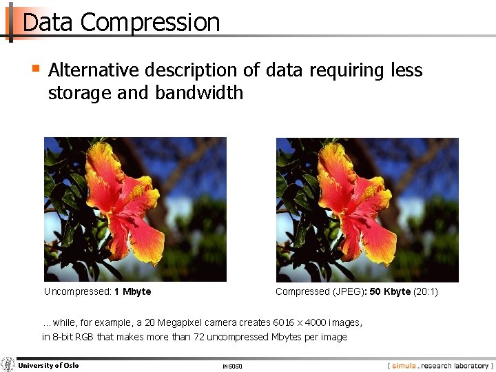 Data Compression § Alternative description of data requiring less storage and bandwidth Uncompressed: 1