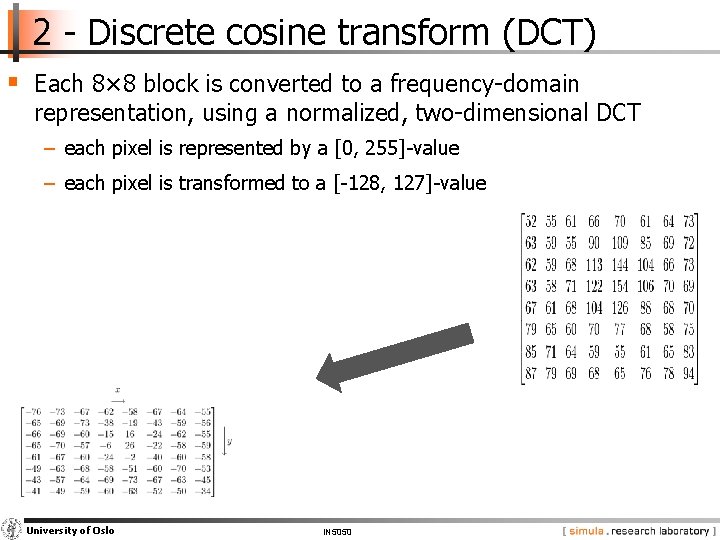 2 - Discrete cosine transform (DCT) § Each 8× 8 block is converted to