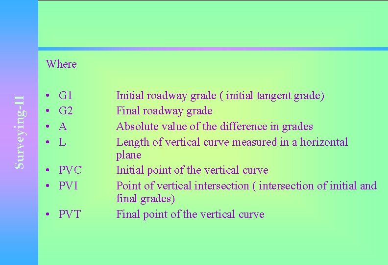 Surveying-II Where • • G 1 G 2 A L • PVC • PVI