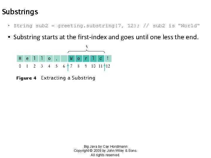 Substrings • String sub 2 = greeting. substring(7, 12); // sub 2 is "World"