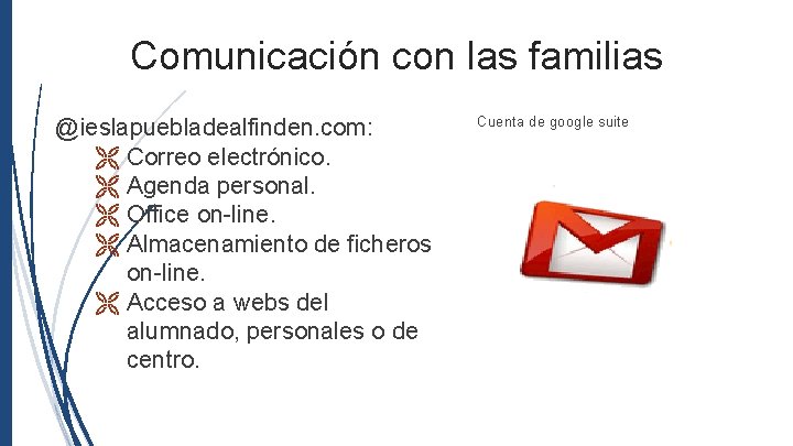 Comunicación con las familias @ieslapuebladealfinden. com: Correo electrónico. Agenda personal. Office on-line. Almacenamiento de
