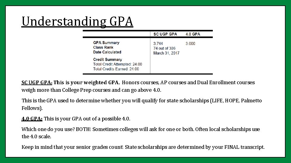 Understanding GPA SC UGP GPA: This is your weighted GPA. Honors courses, AP courses