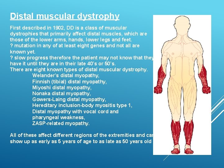 Distal muscular dystrophy First described in 1902, DD is a class of muscular dystrophies
