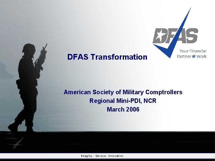 DFAS Transformation American Society of Military Comptrollers Regional Mini-PDI, NCR March 2006 Integrity -