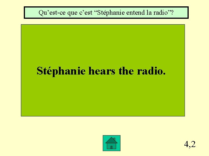 Qu’est-ce que c’est “Stéphanie entend la radio”? Stéphanie hears the radio. 4, 2 