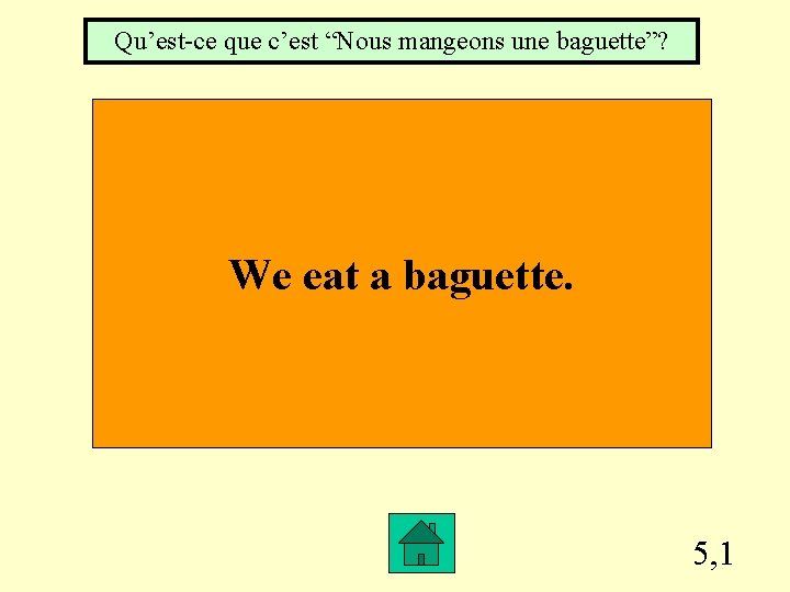 Qu’est-ce que c’est “Nous mangeons une baguette”? We eat a baguette. 5, 1 