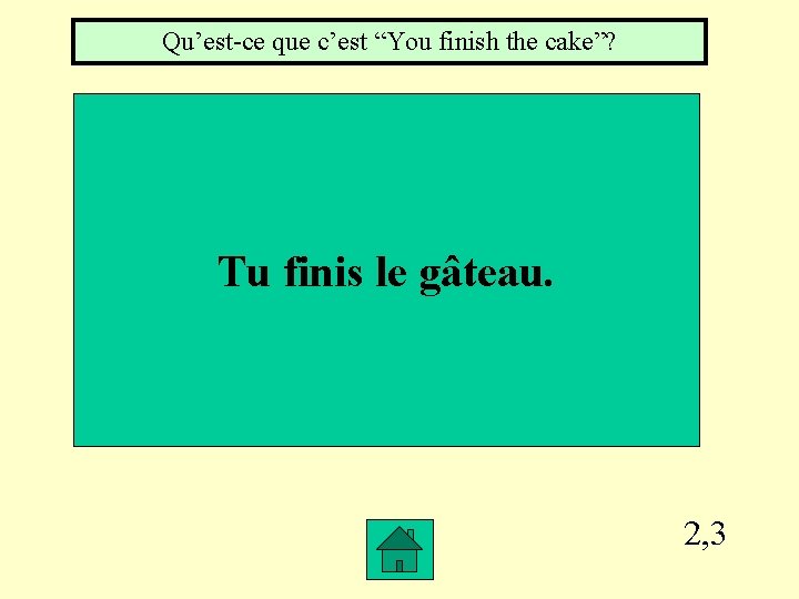 Qu’est-ce que c’est “You finish the cake”? Tu finis le gâteau. 2, 3 