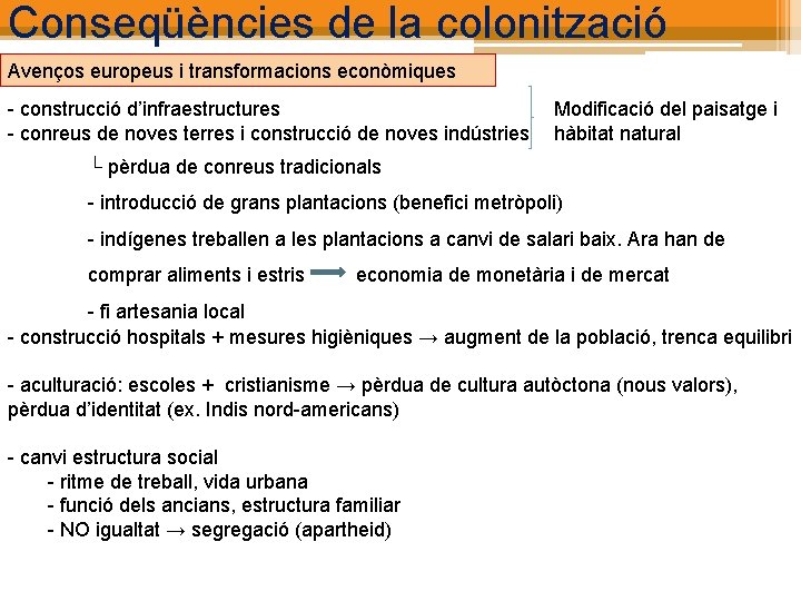Conseqüències de la colonització Avenços europeus i transformacions econòmiques - construcció d’infraestructures - conreus