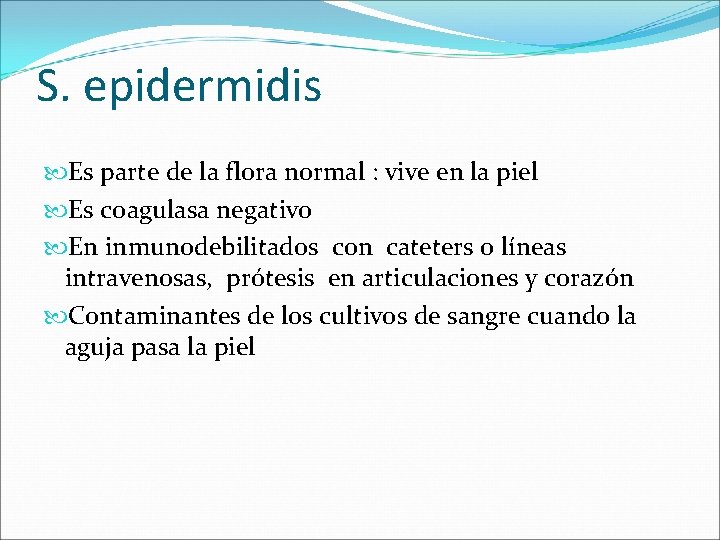 S. epidermidis Es parte de la flora normal : vive en la piel Es