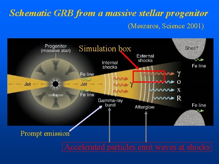 Schematic GRB from a massive stellar progenitor (Meszaros, Science 2001) Simulation box Prompt emission