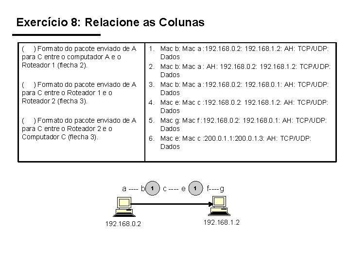 Exercício 8: Relacione as Colunas ( ) Formato do pacote enviado de A para