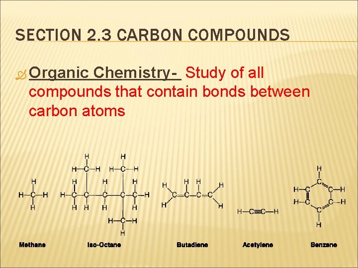 SECTION 2. 3 CARBON COMPOUNDS Organic Chemistry- Study of all compounds that contain bonds