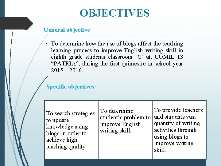 OBJECTIVES General objective • To determine how the use of blogs affect the teaching