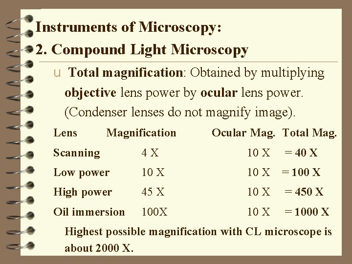 Instruments of Microscopy: 2. Compound Light Microscopy u Total magnification: Obtained by multiplying objective