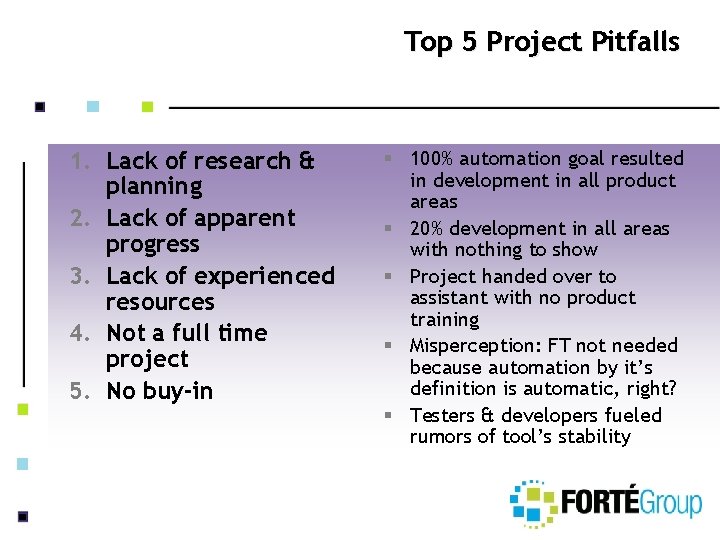 Top 5 Project Pitfalls 1. Lack of research & planning 2. Lack of apparent