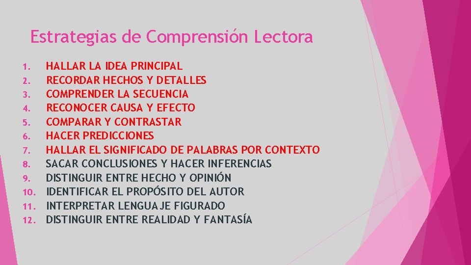 Estrategias de Comprensión Lectora HALLAR LA IDEA PRINCIPAL 2. RECORDAR HECHOS Y DETALLES 3.