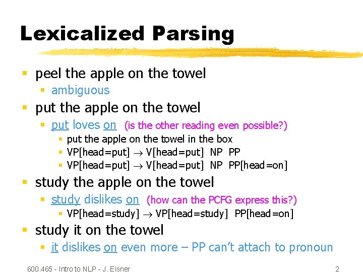 Lexicalized Parsing § peel the apple on the towel § ambiguous § put the