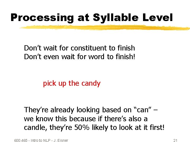 Processing at Syllable Level Don’t wait for constituent to finish Don’t even wait for
