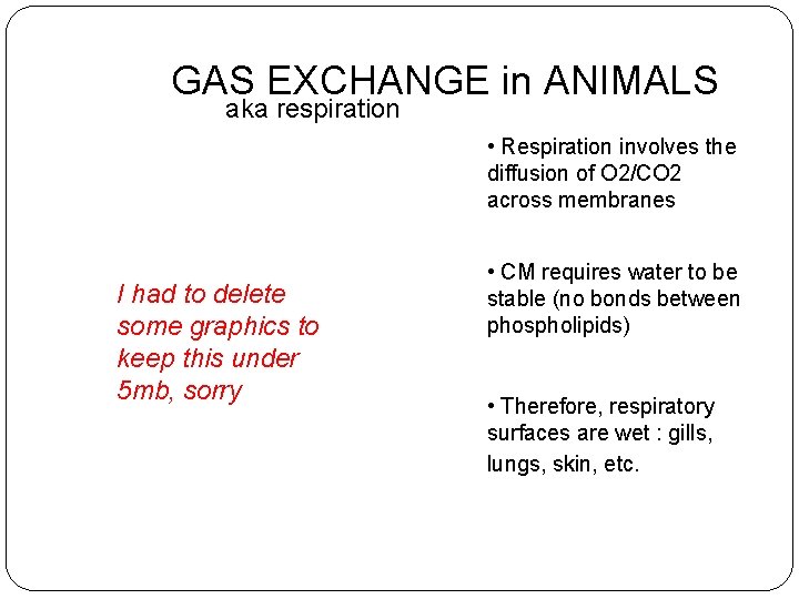 GAS EXCHANGE in ANIMALS aka respiration • Respiration involves the diffusion of O 2/CO