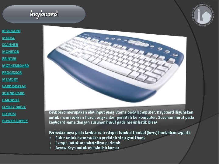 keyboard KEYBOARD MOUSE SCANNER MONITOR PRINTER MOTHERBOARD PROCESSOR MEMORY CARD DISPLAY SOUND CARD HARDDISK