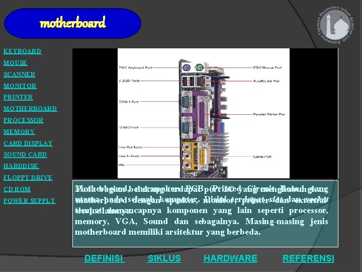 motherboard KEYBOARD MOUSE SCANNER MONITOR PRINTER MOTHERBOARD PROCESSOR MEMORY CARD DISPLAY SOUND CARD HARDDISK