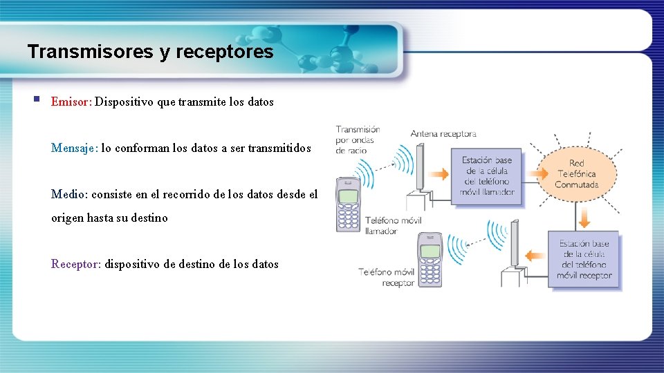 Transmisores y receptores § Emisor: Dispositivo que transmite los datos Mensaje: lo conforman los