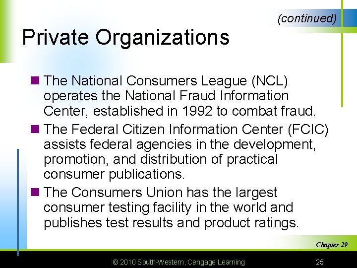 (continued) Private Organizations n The National Consumers League (NCL) operates the National Fraud Information