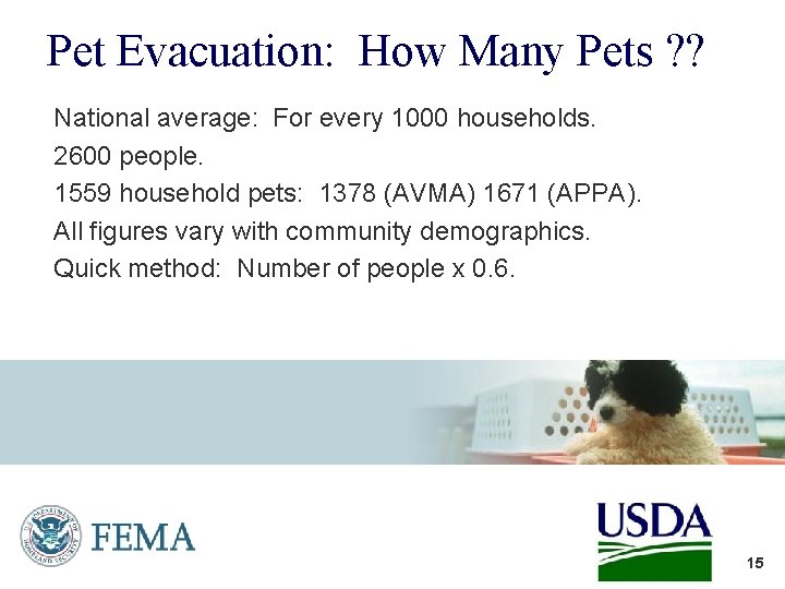 Pet Evacuation: How Many Pets ? ? National average: For every 1000 households. 2600