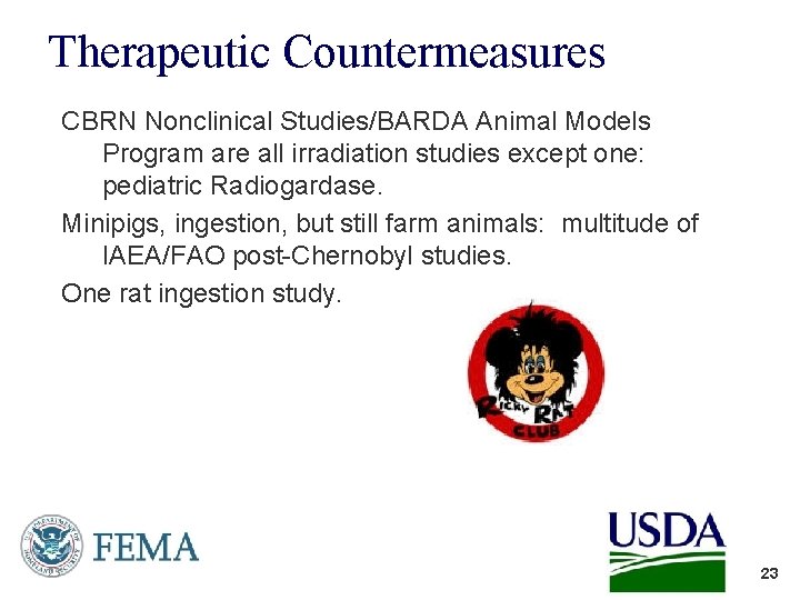 Therapeutic Countermeasures CBRN Nonclinical Studies/BARDA Animal Models Program are all irradiation studies except one: