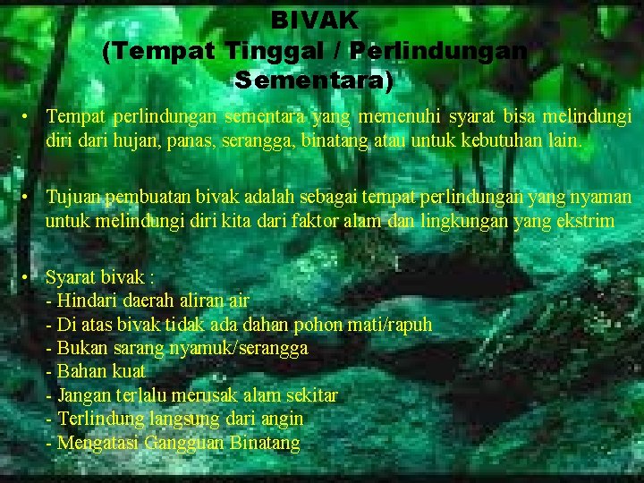 BIVAK (Tempat Tinggal / Perlindungan Sementara) • Tempat perlindungan sementara yang memenuhi syarat bisa