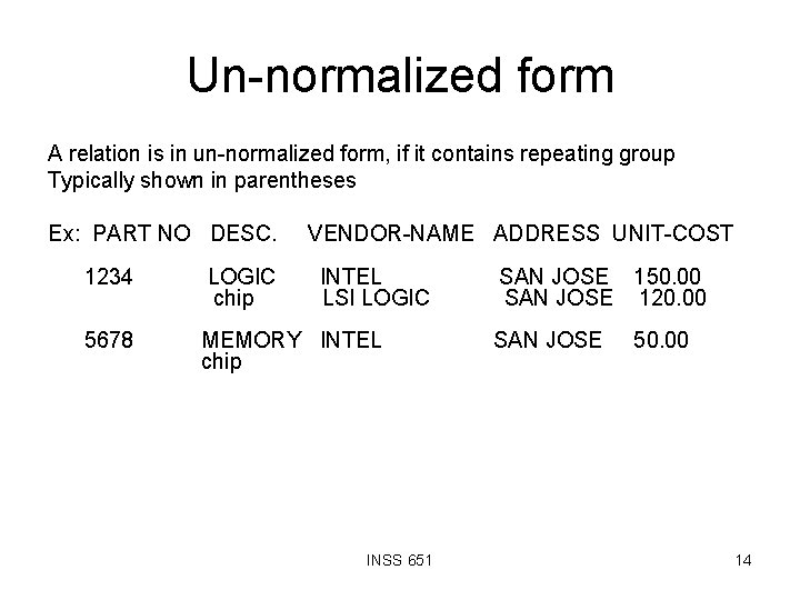 Un-normalized form A relation is in un-normalized form, if it contains repeating group Typically