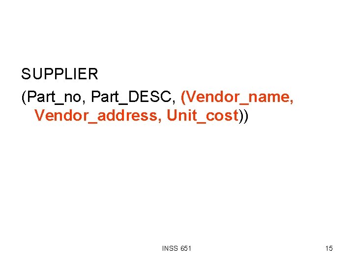 SUPPLIER (Part_no, Part_DESC, (Vendor_name, Vendor_address, Unit_cost)) INSS 651 15 