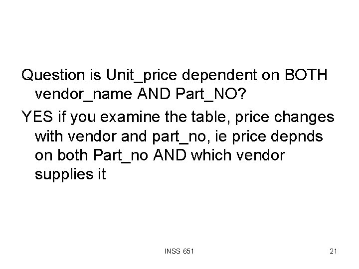 Question is Unit_price dependent on BOTH vendor_name AND Part_NO? YES if you examine the