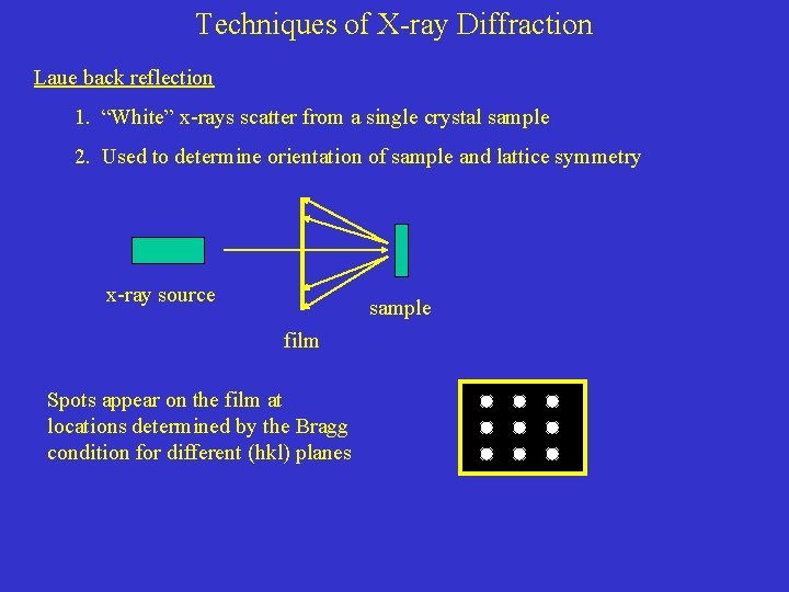 Techniques of X-ray Diffraction Laue back reflection 1. “White” x-rays scatter from a single