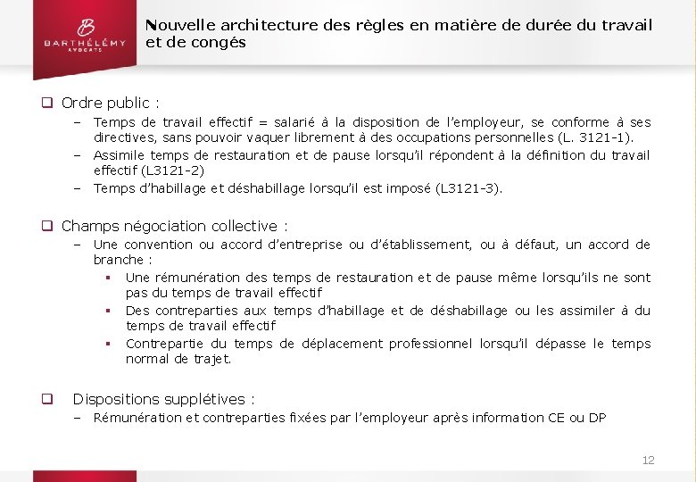 Nouvelle architecture des règles en matière de durée du travail et de congés q