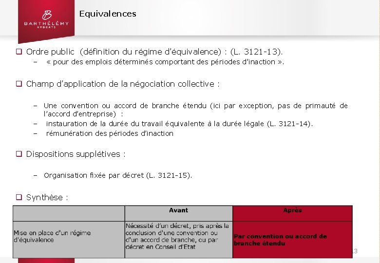 Equivalences q Ordre public (définition du régime d’équivalence) : (L. 3121 -13). ‒ «