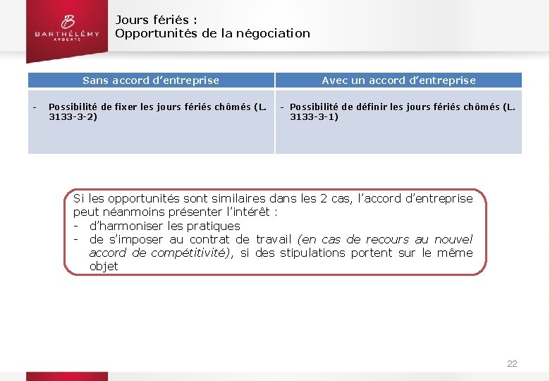 Jours fériés : Opportunités de la négociation Sans accord d’entreprise - Possibilité de fixer