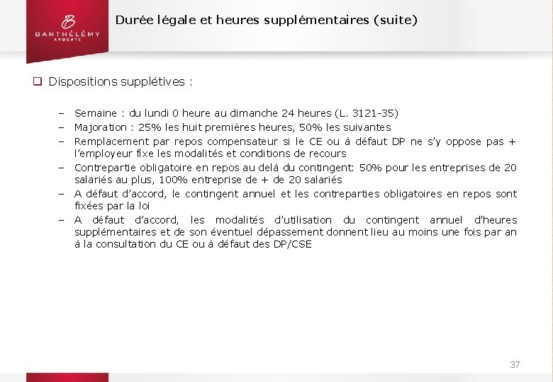 Durée légale et heures supplémentaires (suite) q Dispositions supplétives : ‒ Semaine : du