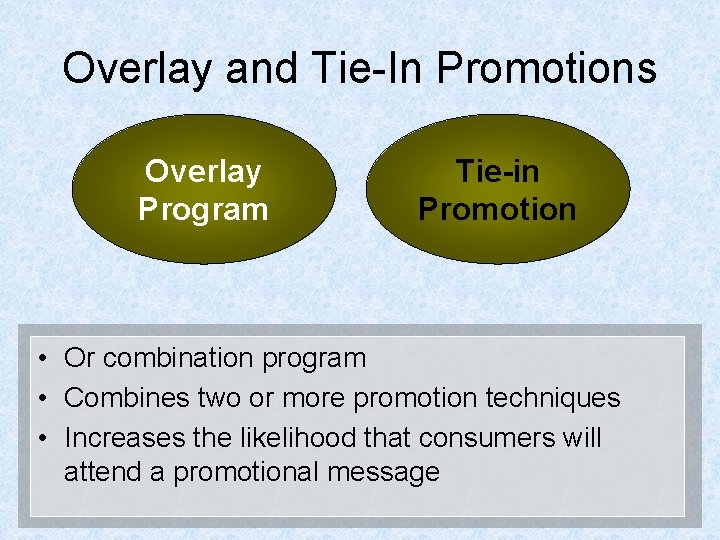 Overlay and Tie-In Promotions Overlay Program Tie-in Promotion • Or combination program • Combines
