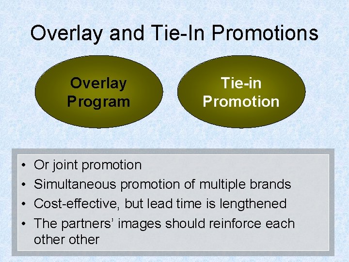Overlay and Tie-In Promotions Overlay Program • • Tie-in Promotion Or joint promotion Simultaneous