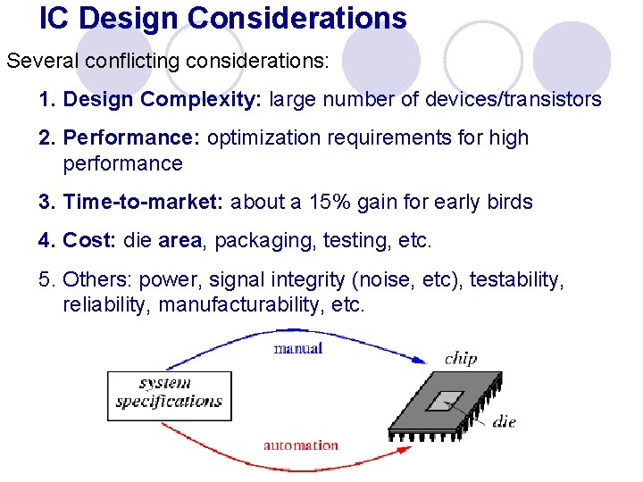 IC Design Considerations Several conflicting considerations: 1. Design Complexity: large number of devices/transistors 2.